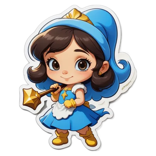 A girl with a blue dress holding a magic staff.