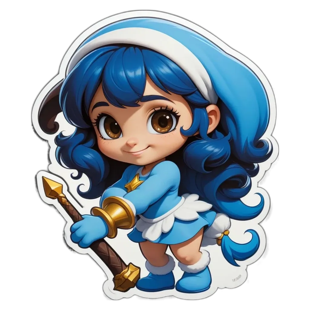 A girl with a blue dress holding a wand is in the center of a black and white background.