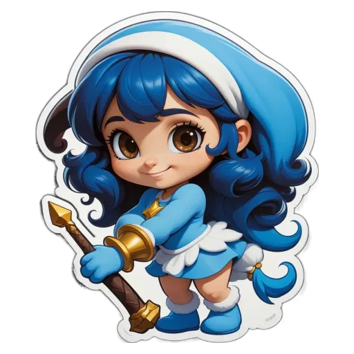 A girl with a blue dress holding a wand is in the center of a black and white background.