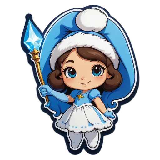A cartoon picture of a girl with a blue dress and a gold star.