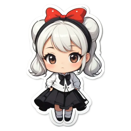 A girl with a bow in her hair and wearing a dress that is black and white.
