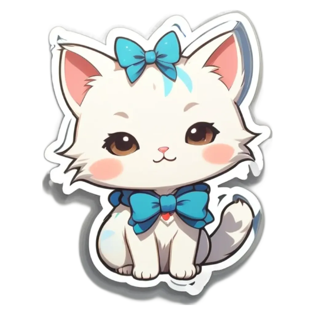 A white cat with a blue bow is sitting on a black background.