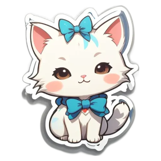 A white cat with a blue bow is sitting on a black background.