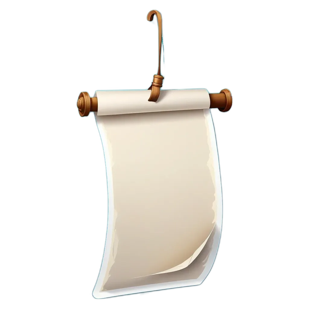 A scroll or sign hanging from a wall is blank.