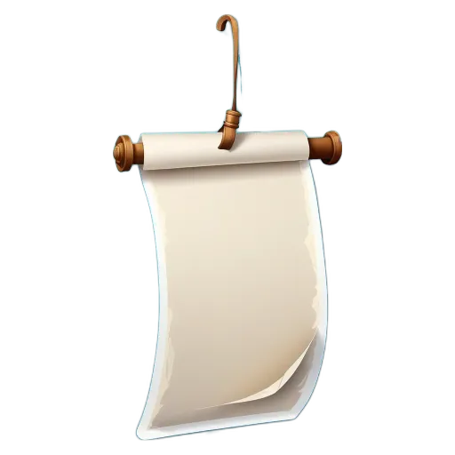 A scroll or sign hanging from a wall is blank.