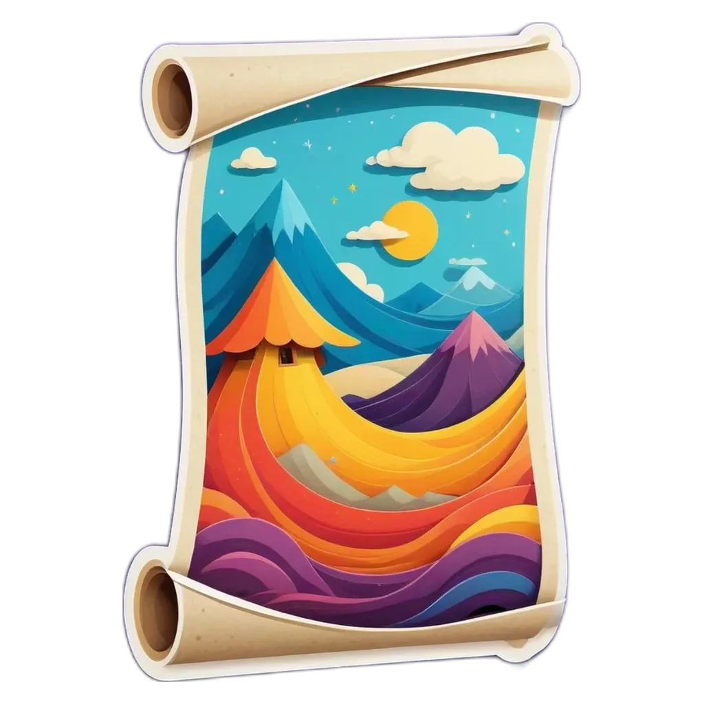 A scroll that has a drawing of a landscape on it.