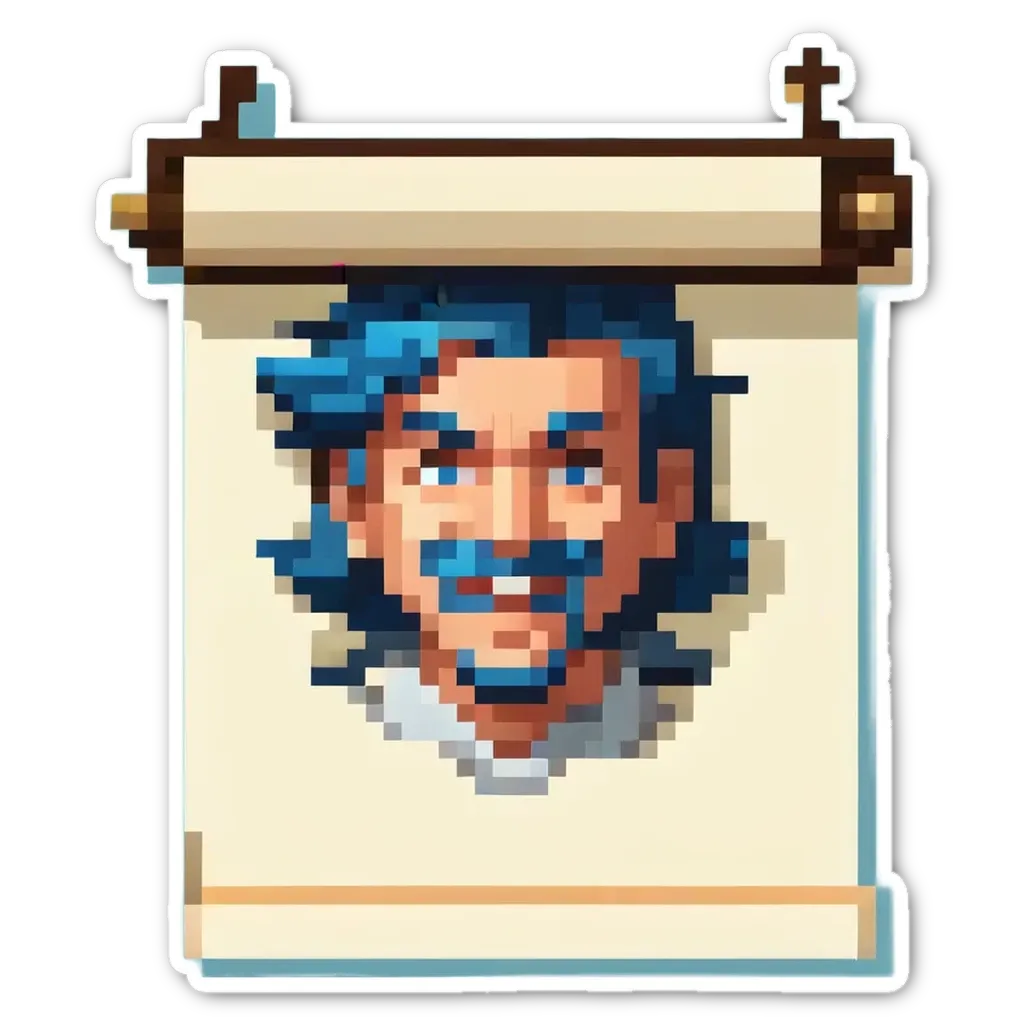 A man's head is on a paper scroll with a picture of him.