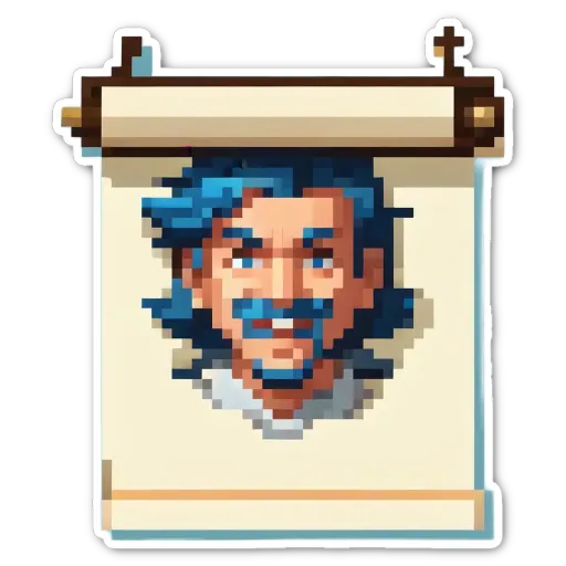 A man's head is on a paper scroll with a picture of him.