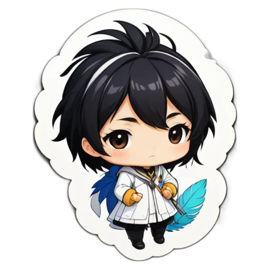 A boy is holding a blue feather.