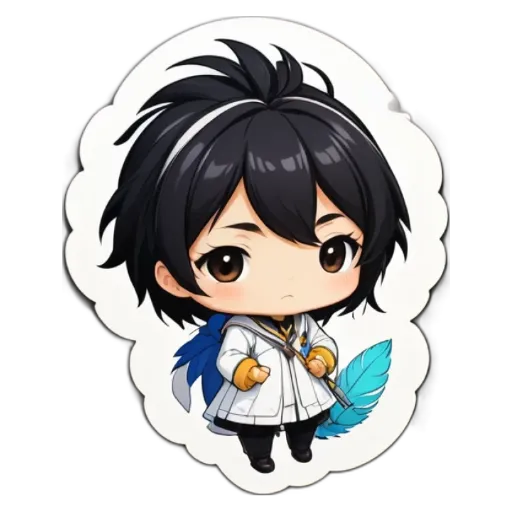 A boy is holding a blue feather.