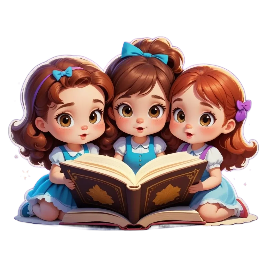 Three girls reading a book with a large print.