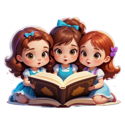 Three girls reading a book with a large print.