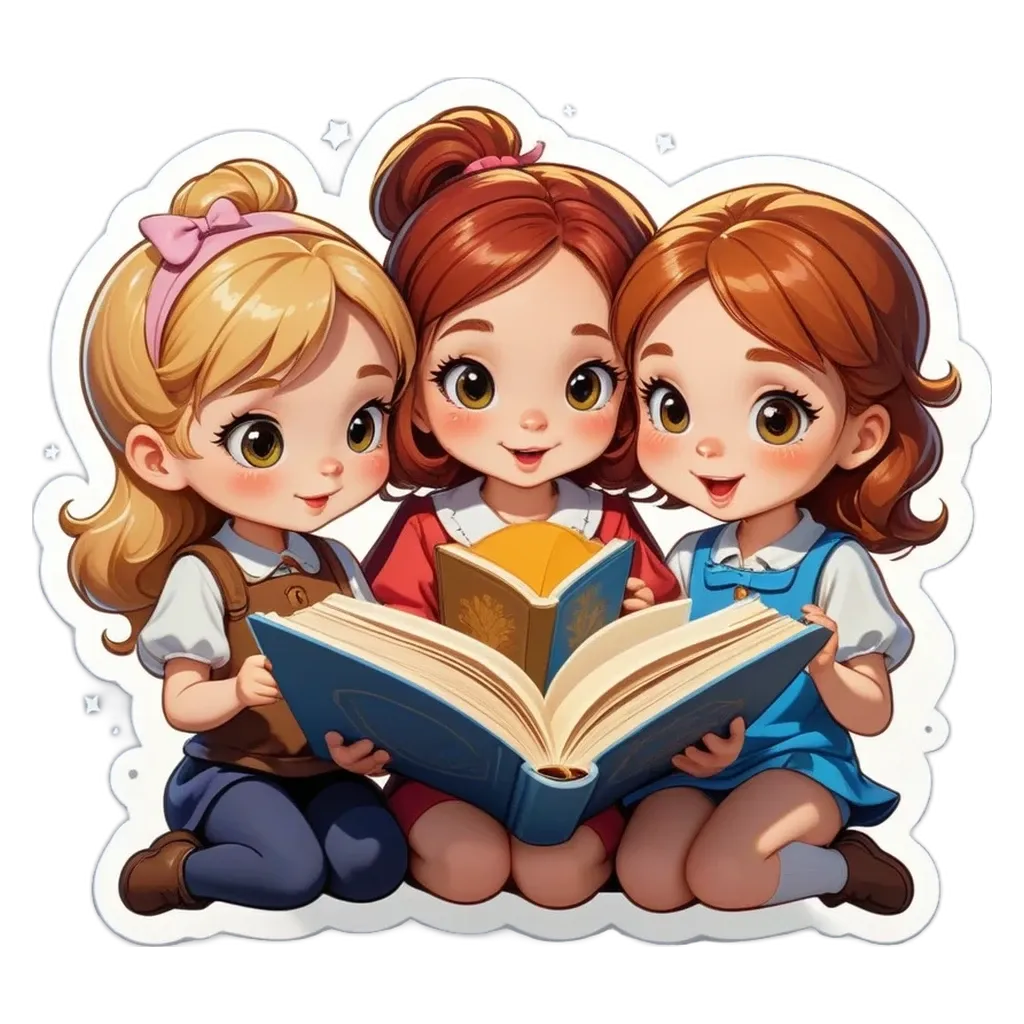 Three girls reading a book with a sticker that says "My best friends and I".