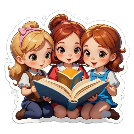 Three girls reading a book with a sticker that says "My best friends and I".