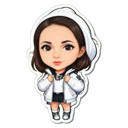 A girl wearing a white jacket and black skirt standing with her hands in her back pack.
