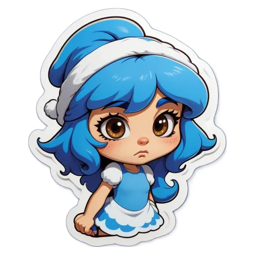 A girl with blue hair and a frown on her face.