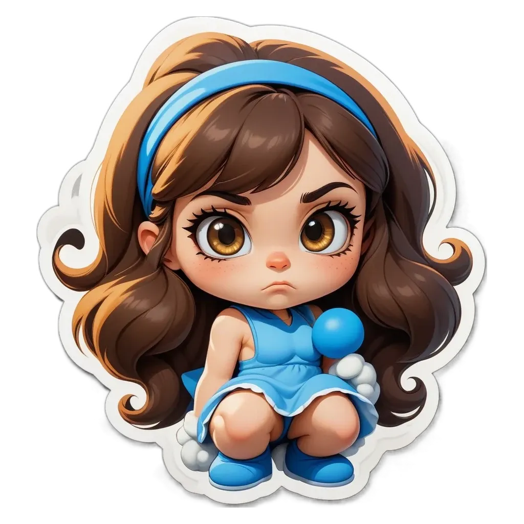 A girl is kneeling down with a frown on her face.
