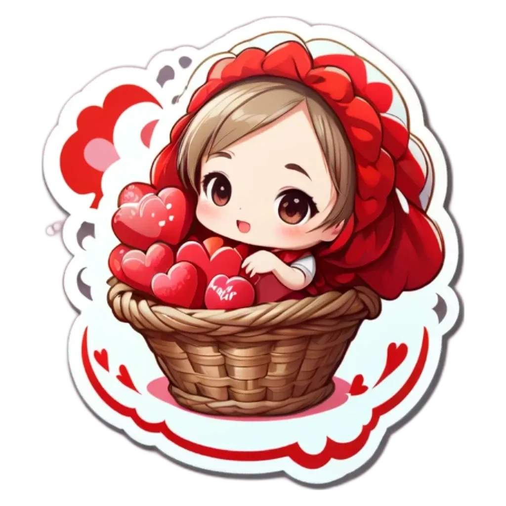 A girl wearing a red dress with a basket of hearts next to her.