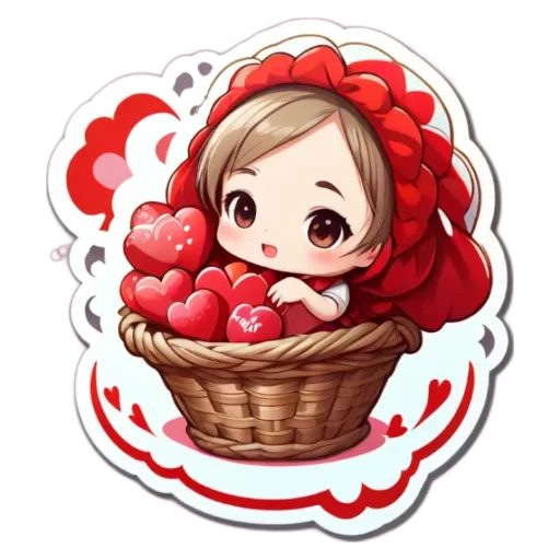 A girl wearing a red dress with a basket of hearts next to her.