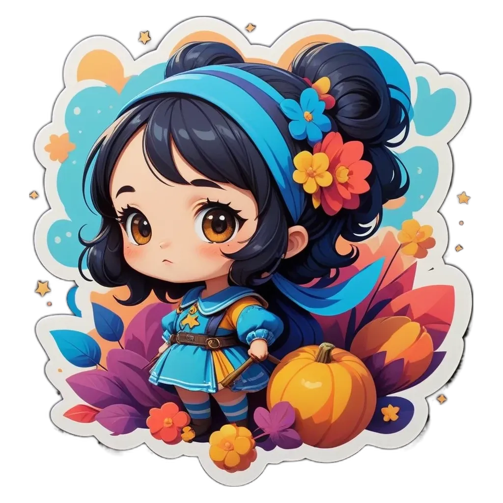 A girl with a pumpkin on her head is holding a flower in her right hand.