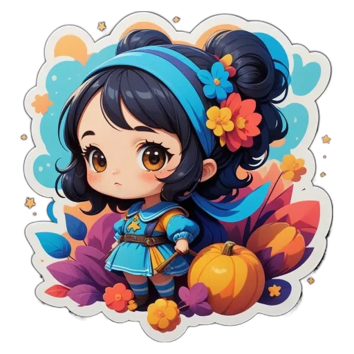 A girl with a pumpkin on her head is holding a flower in her right hand.