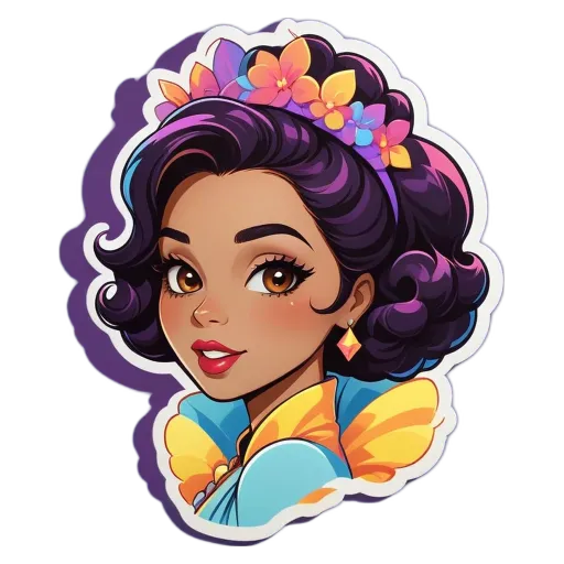 A sticker of a girl's face that is colored pink, blue, and yellow.