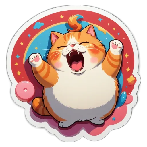 A cat yowling and pawing at a stars and moon sticker.
