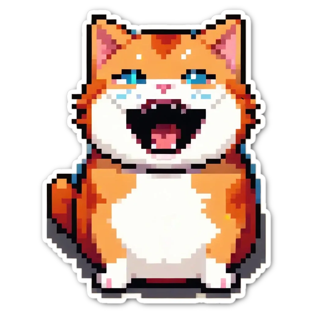 An orange cat with blue eyes is showing its teeth and laughing.