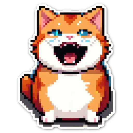 An orange cat with blue eyes is showing its teeth and laughing.
