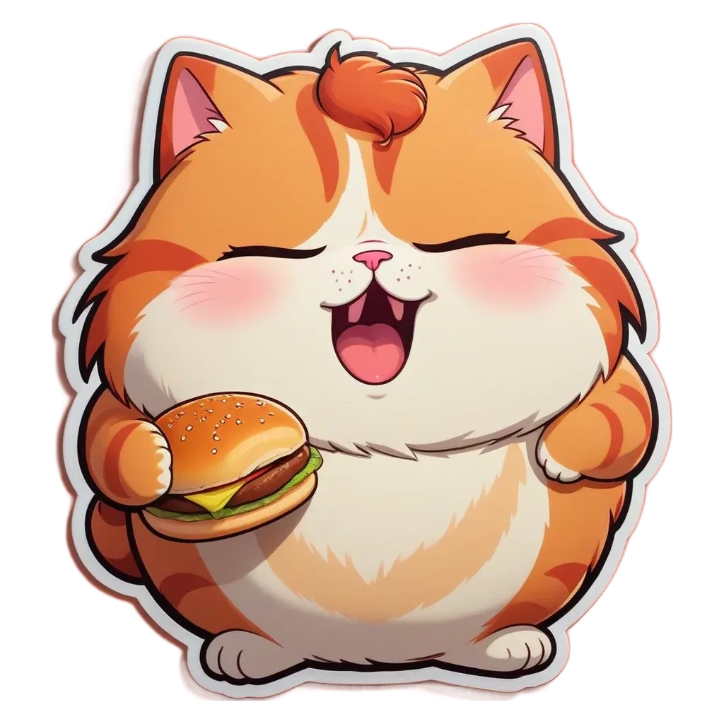 A cat eating a hamburger is shown.