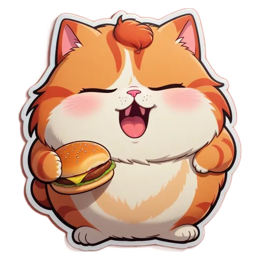 A cat eating a hamburger is shown.