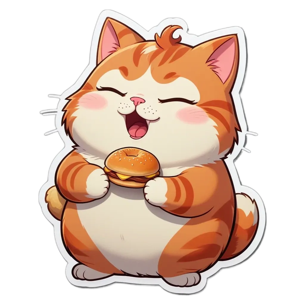 A cat eating a hamburger is depicted in a sticker.