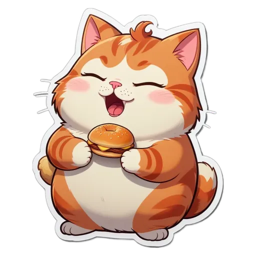 A cat eating a hamburger is depicted in a sticker.