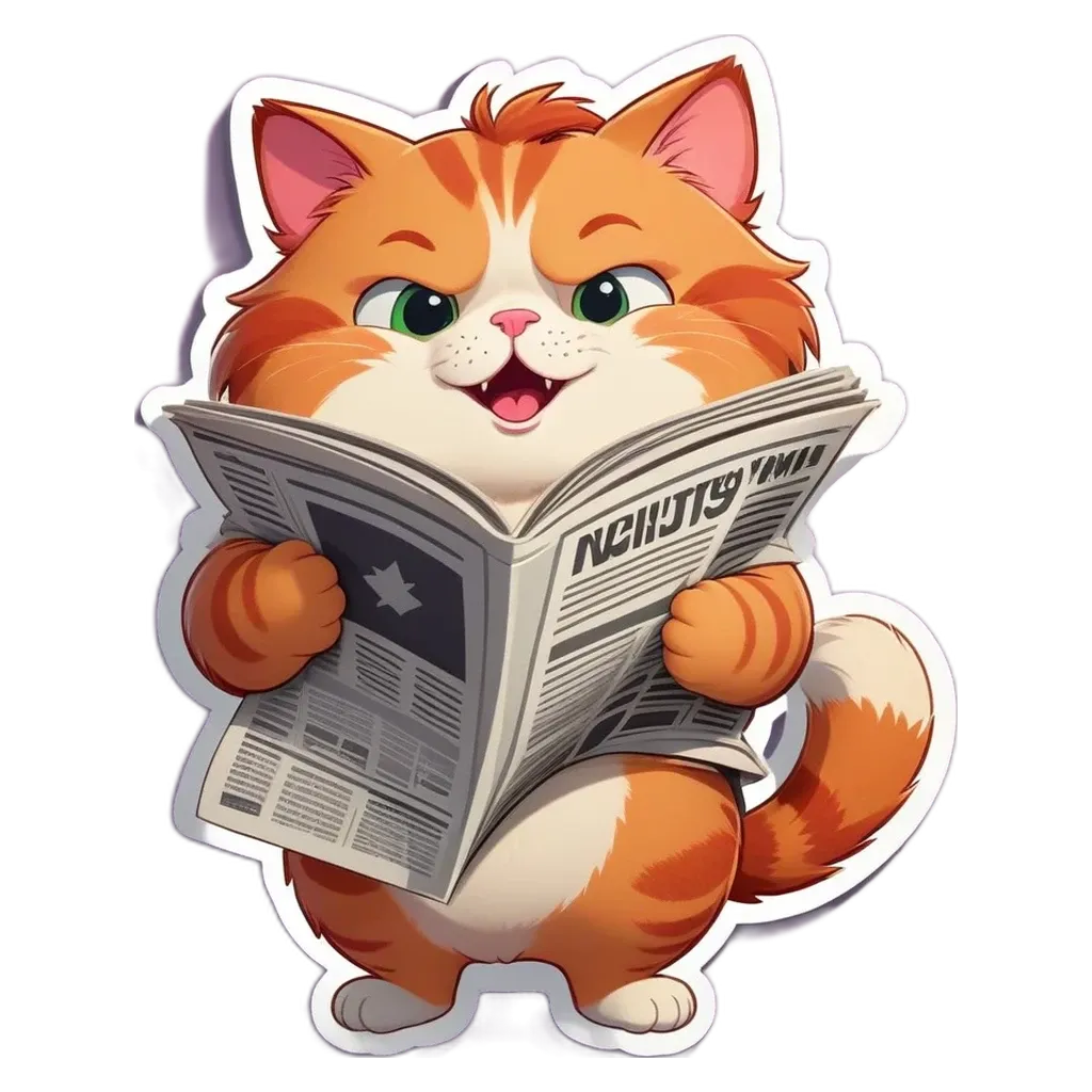 A cartoon cat reading a newspaper.