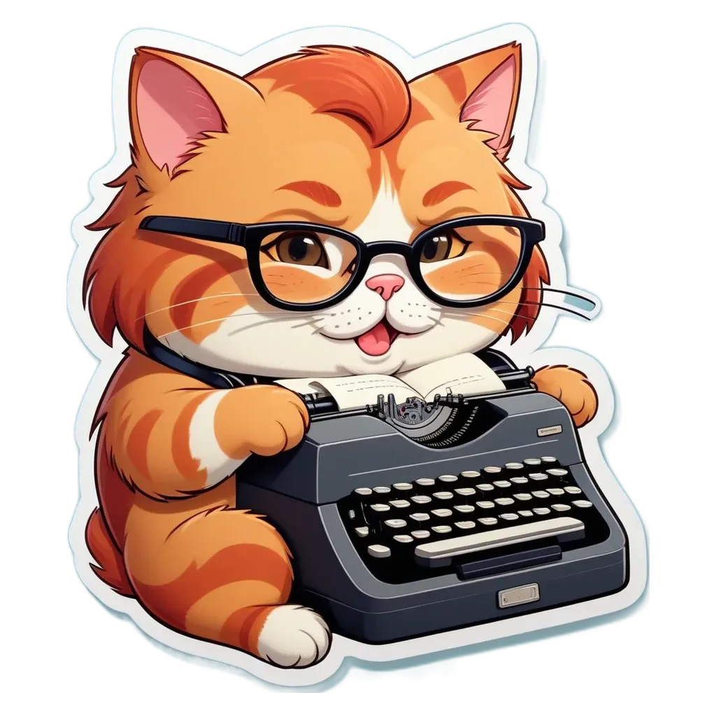 A cat wearing glasses and sitting on a typewriter.