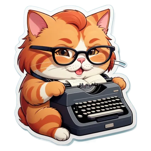 A cat wearing glasses and sitting on a typewriter.