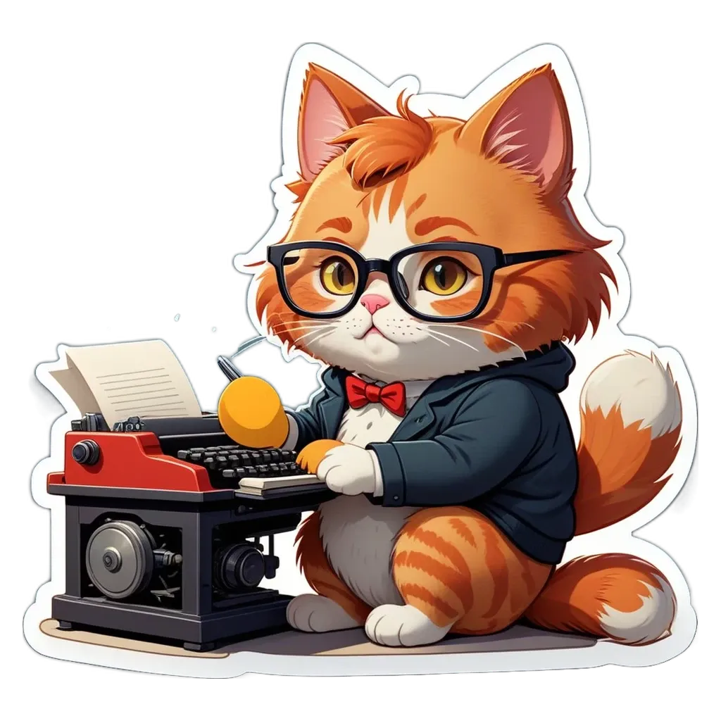 A cat wearing glasses and a suit sitting at a typewriter.