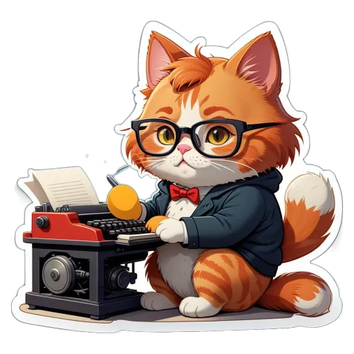 A cat wearing glasses and a suit sitting at a typewriter.