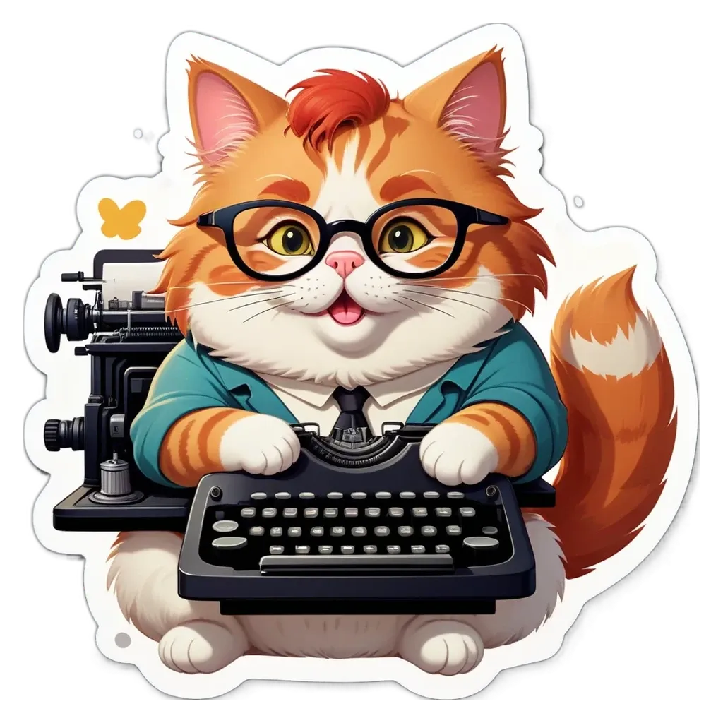 A cat wearing glasses and a tie sitting at a typewriter.