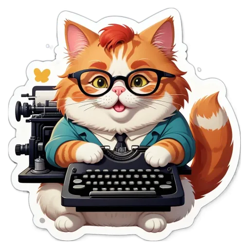 A cat wearing glasses and a tie sitting at a typewriter.