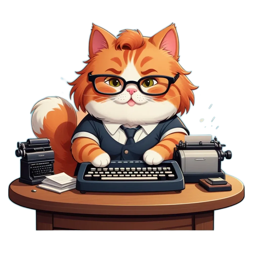 A cartoon cat typing on a typewriter at a desk.