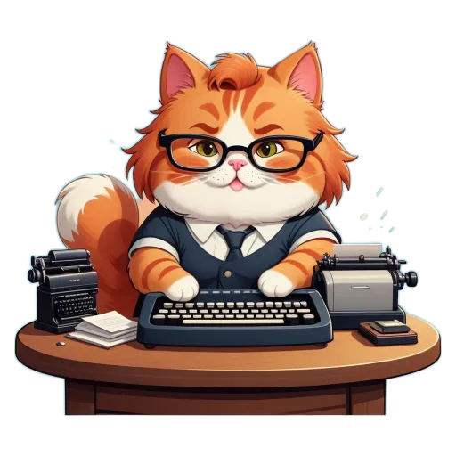 A cartoon cat typing on a typewriter at a desk.