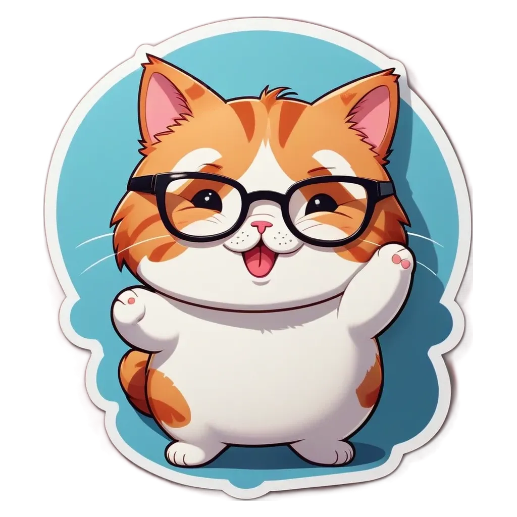A cat wearing glasses and a sticker that says cat.