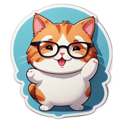 A cat wearing glasses and a sticker that says cat.