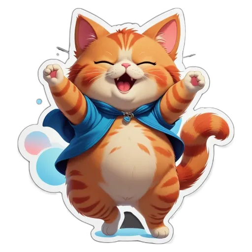 A cat wearing a blue jacket and blue shirt and meowing.
