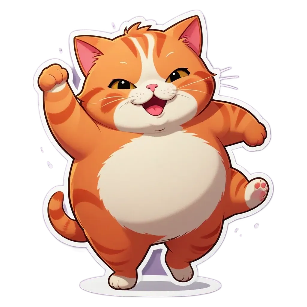 A cartoon cat with a big belly who is dancing.