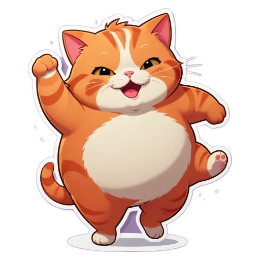 A cartoon cat with a big belly who is dancing.
