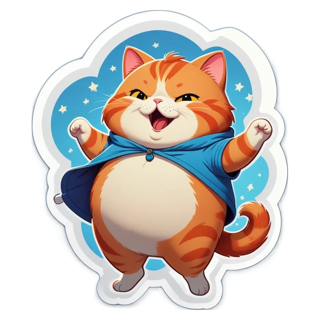 A cat wearing a blue jacket and cape, and looking upwards with its mouth open.