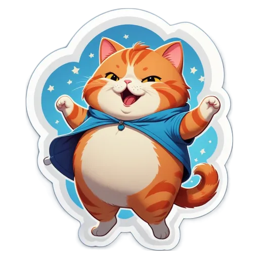 A cat wearing a blue jacket and cape, and looking upwards with its mouth open.