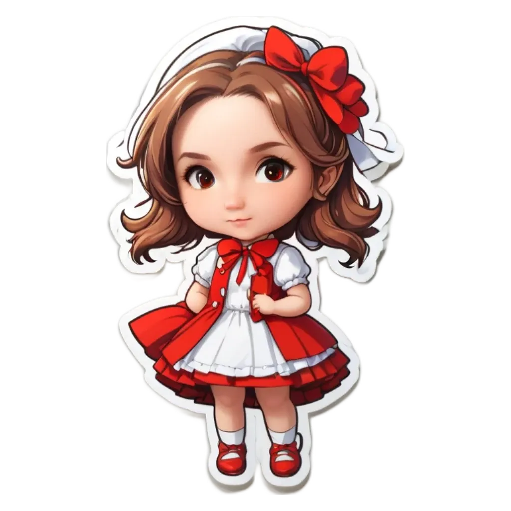 A girl with a white dress and red shoes that says "becka" on the bottom.